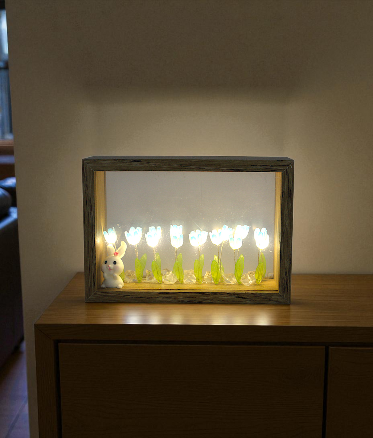 blue tulip flower light with wood frame china "4.7x7"
