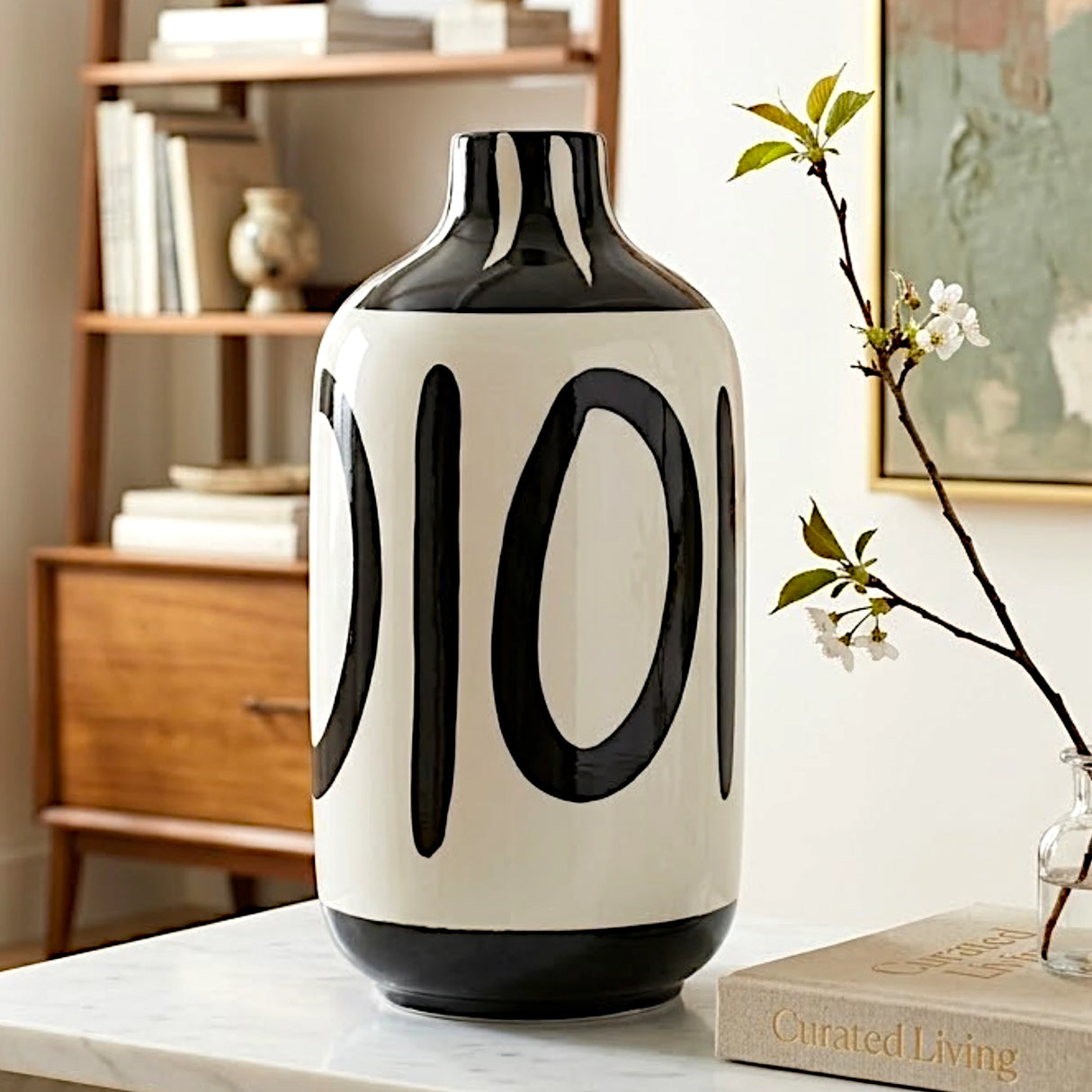 ceramic vase black & white 10.5"x5.5" china