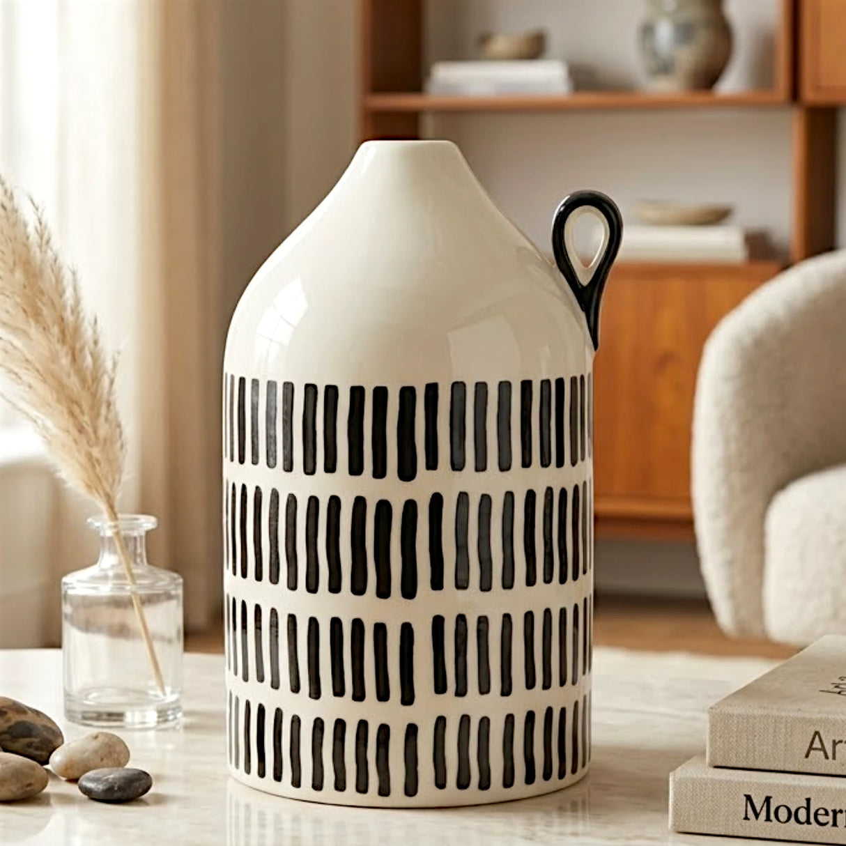 ceramic vase white & black lining 8"x5.5" china