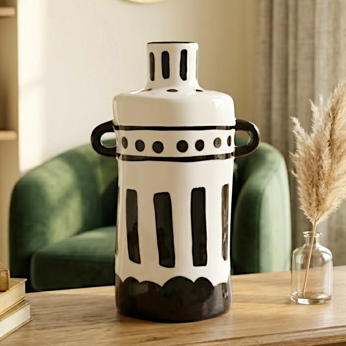 ceramic vase white & black dots medium 10"x6" china