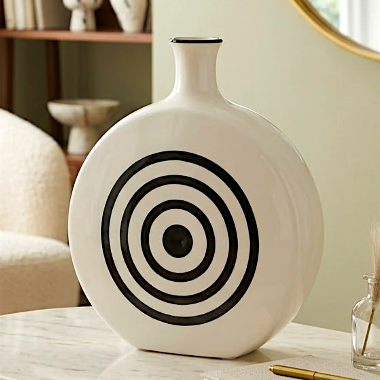 ceramic vase white with black round circles small 9"x7".5 china