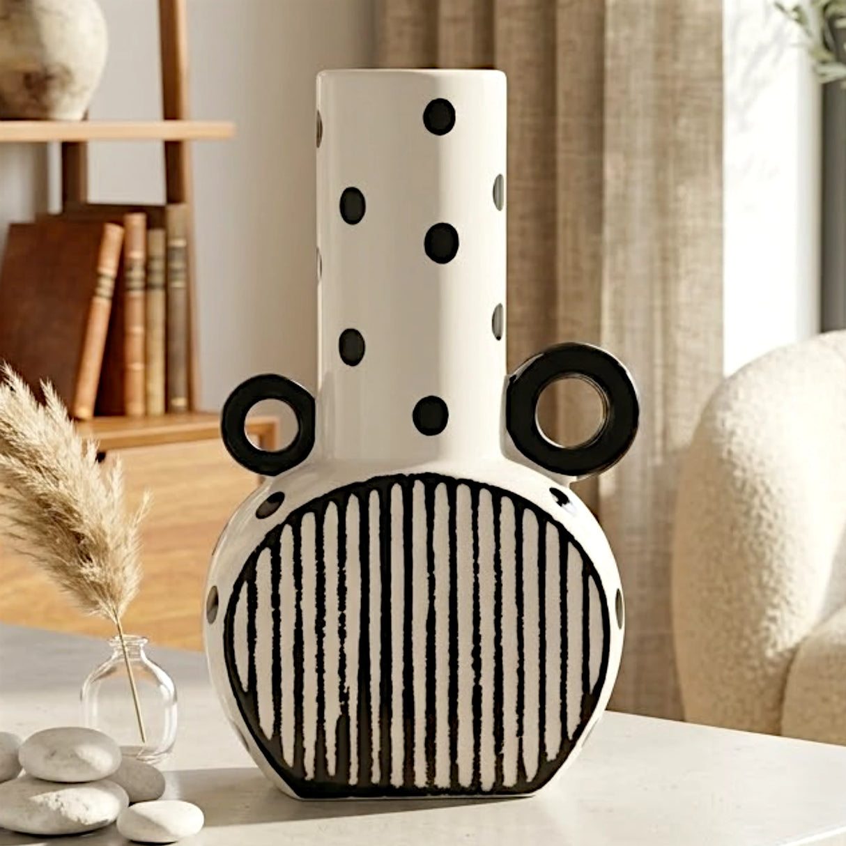ceramic vase white & black textured large 11"x5.5" china