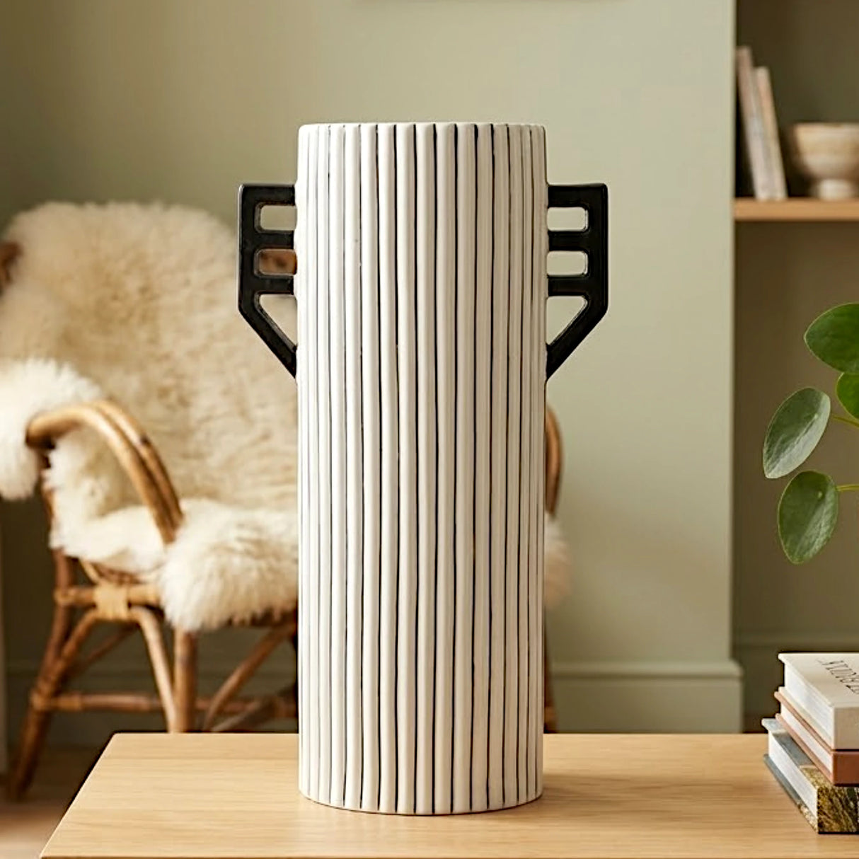 ceramic vase black & white textured medium 12"x4.5" china