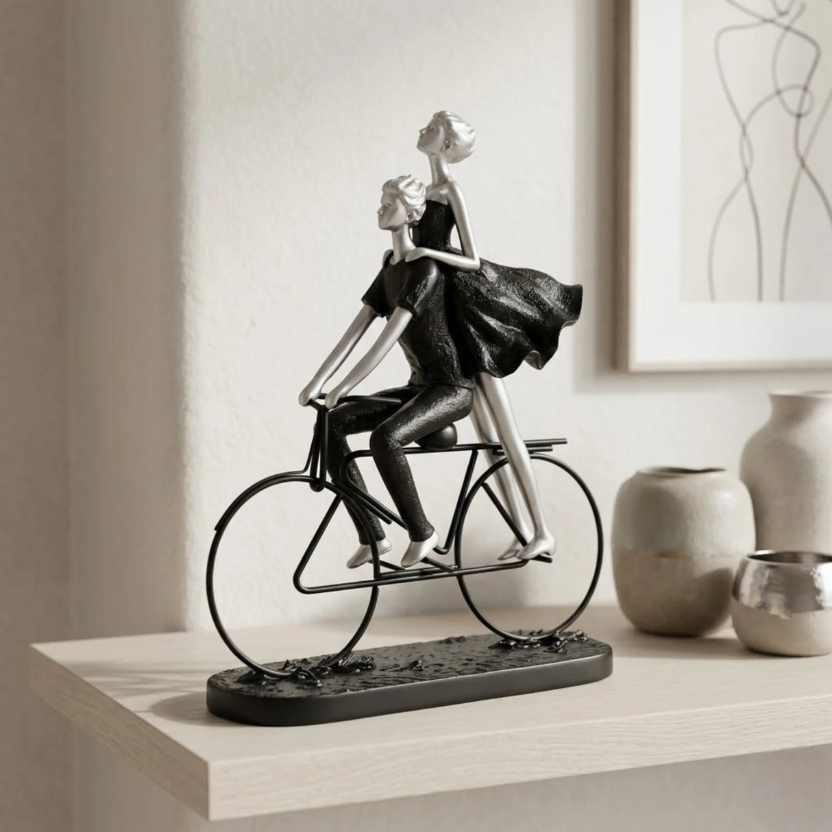 statue couple with cycle black & silver 12x9 china