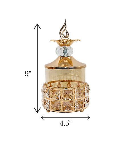 candy jar & lid golden small china "9x4.5"