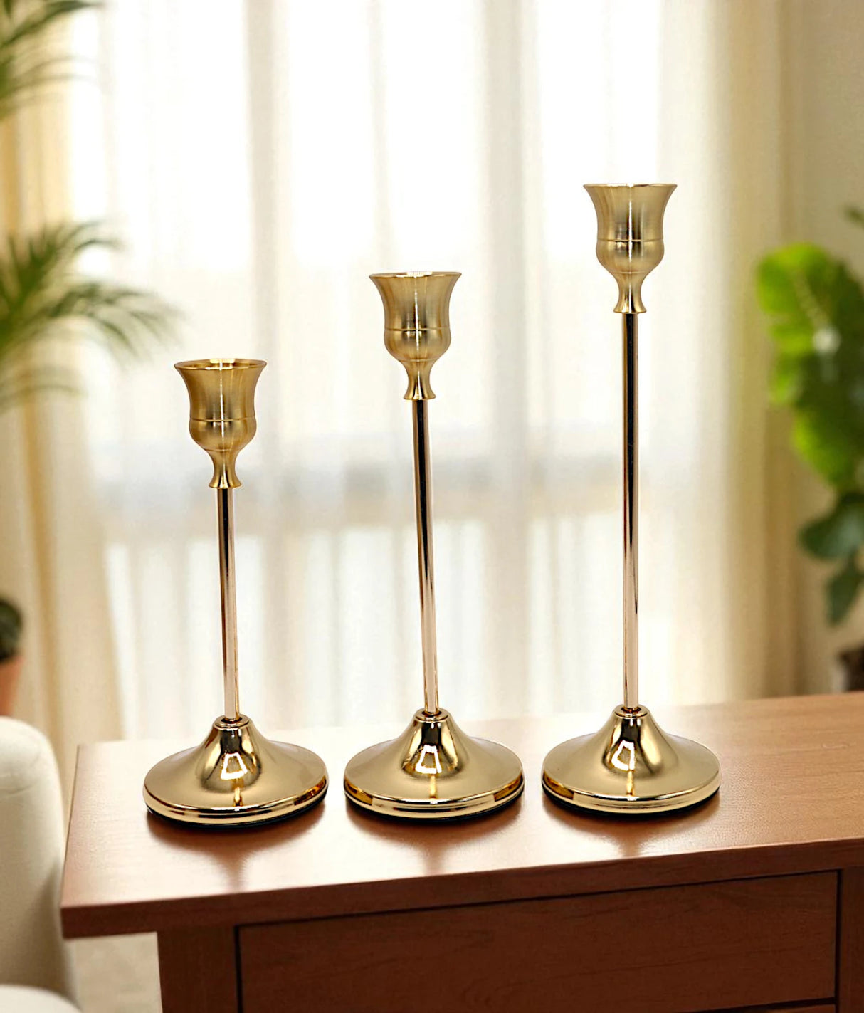 metal candle stand 3pc golden bell shaped china l(9x2.5)m(7.5x2.5)s(6.5x2.5)