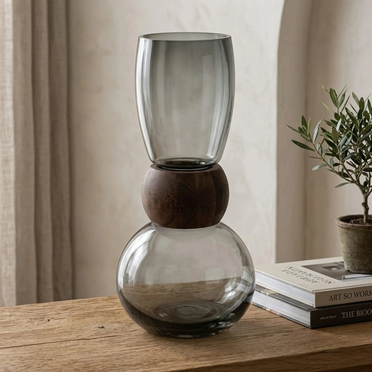 glass vase wooden ring black large 13''x6'' china