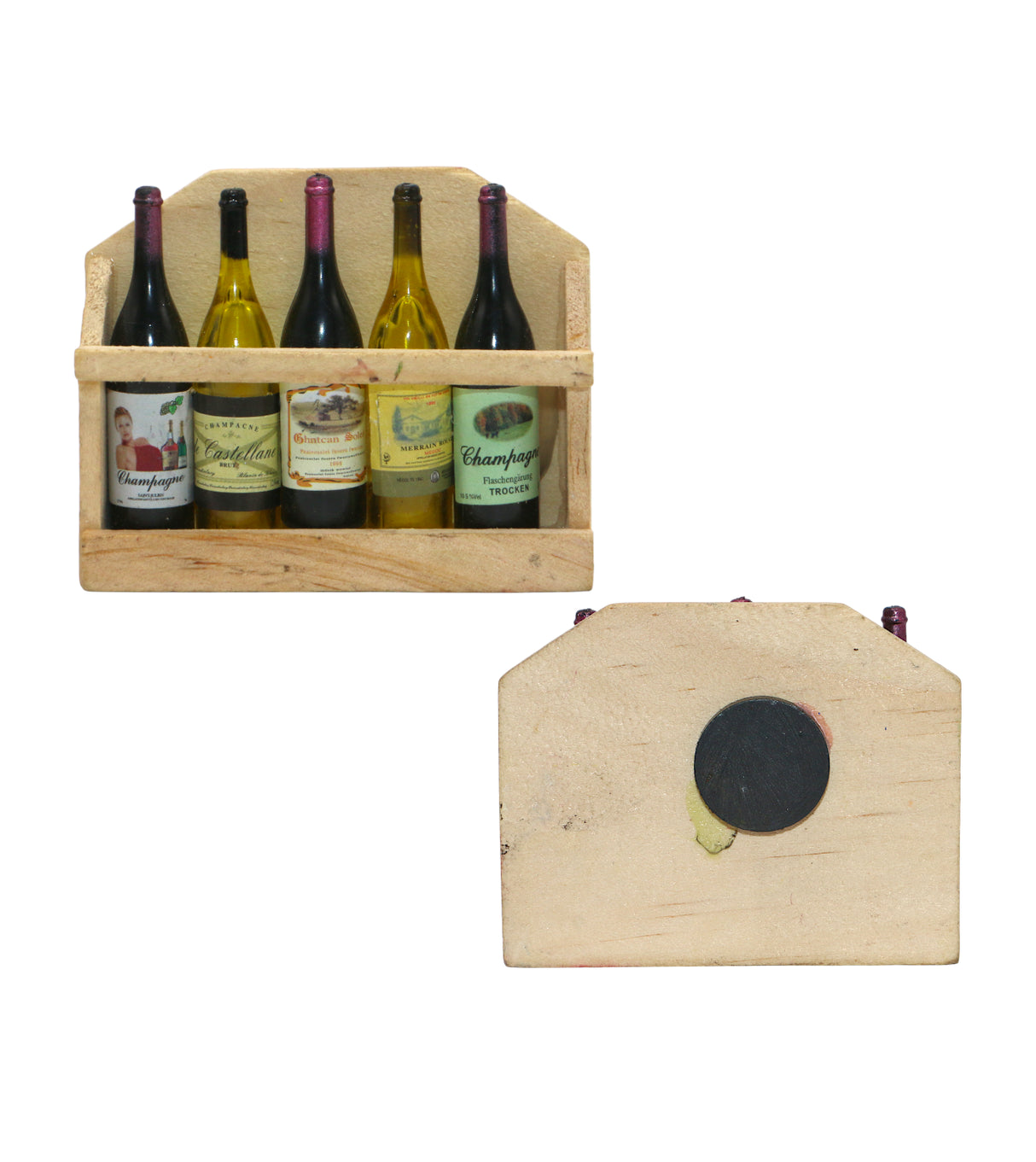 fridge magnet 5 bottles wood rack china "2x2.5"