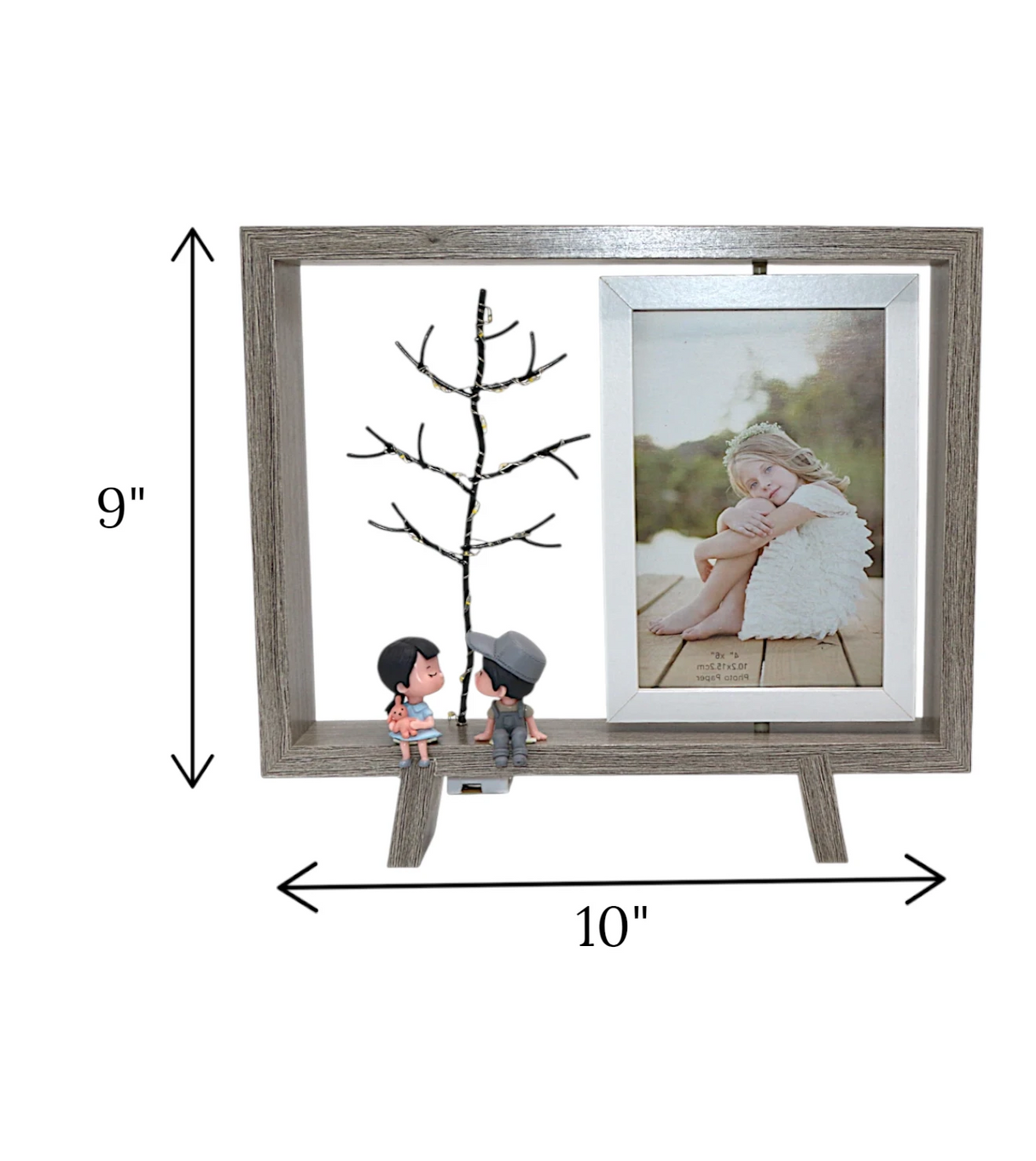 wood photo frame with led tree & 2 childern grey china "9x10"
