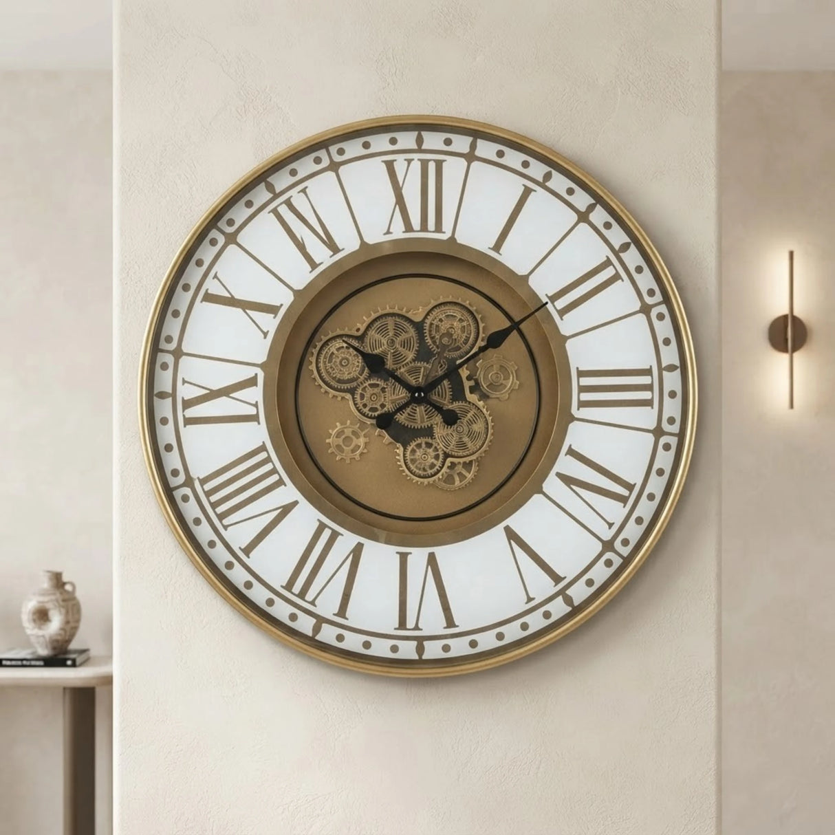 metal wall clock moving gears with light white & golden 31.5"x31.5" china