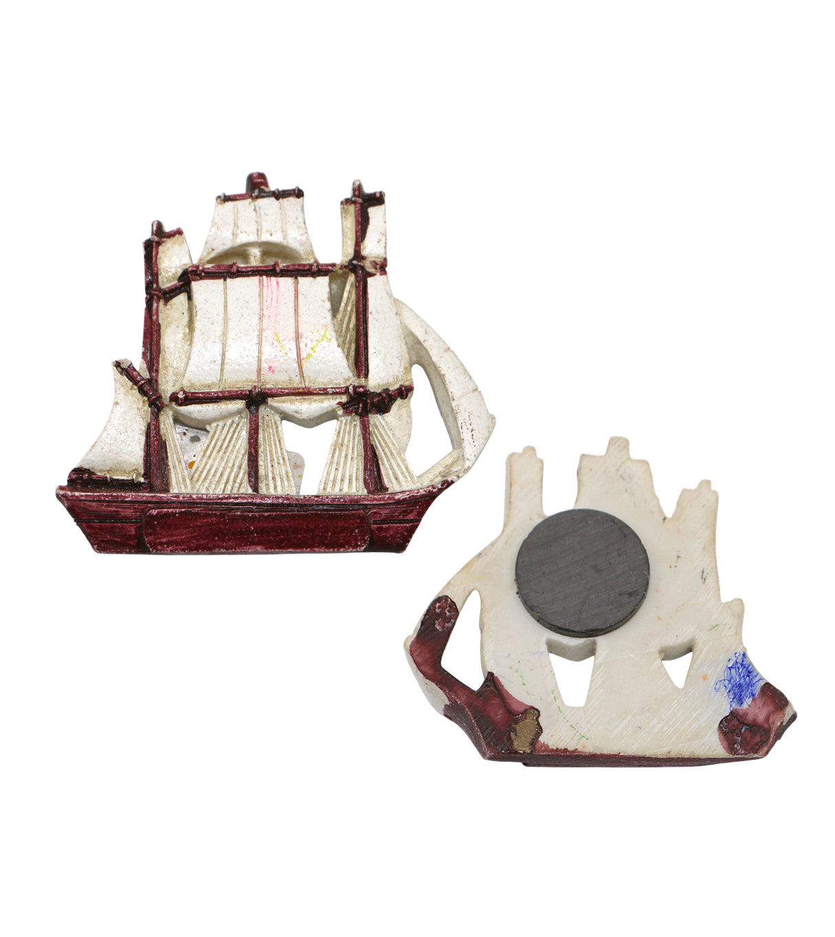 fridge magnet boat maroon & white china 2.5"x2.8"