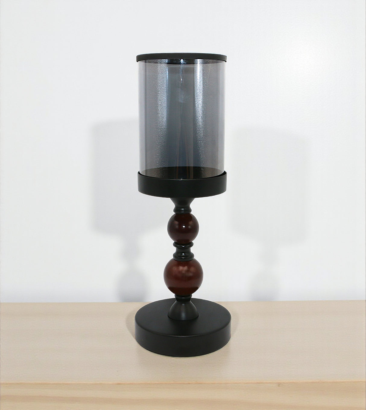 decorative glass candle holder 2 wood ring black china "13.4x4.4"