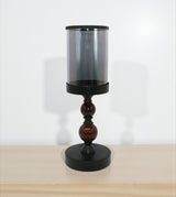 decorative glass candle holder 2 wood ring black china "13.4x4.4"