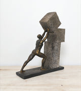 statue pushing stones grey china 10.6x9