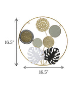 metal wall hanging leaf & mirror round golden china 16.5x16.5