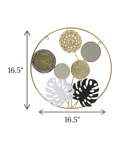 metal wall hanging leaf & mirror round golden china 16.5x16.5