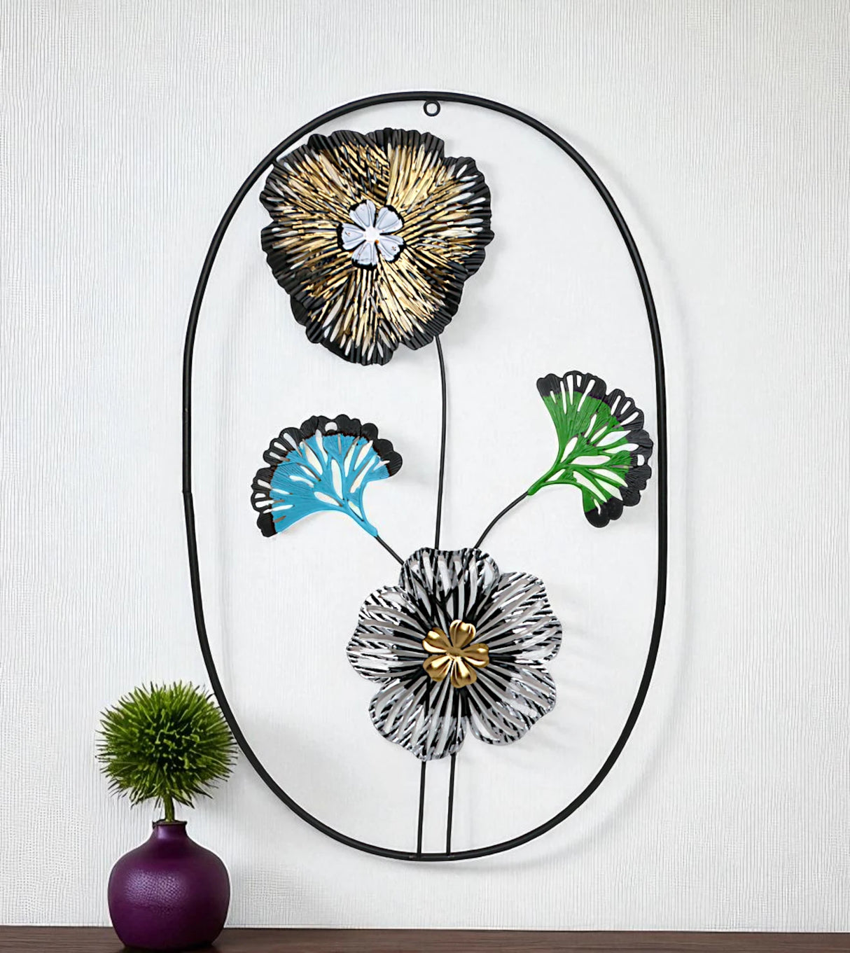 metal wall hanging oval leaf & flower china 27.3x17