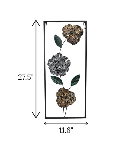 metal wall hanging rectangle 3 leaf & flower china 27.5x11.6