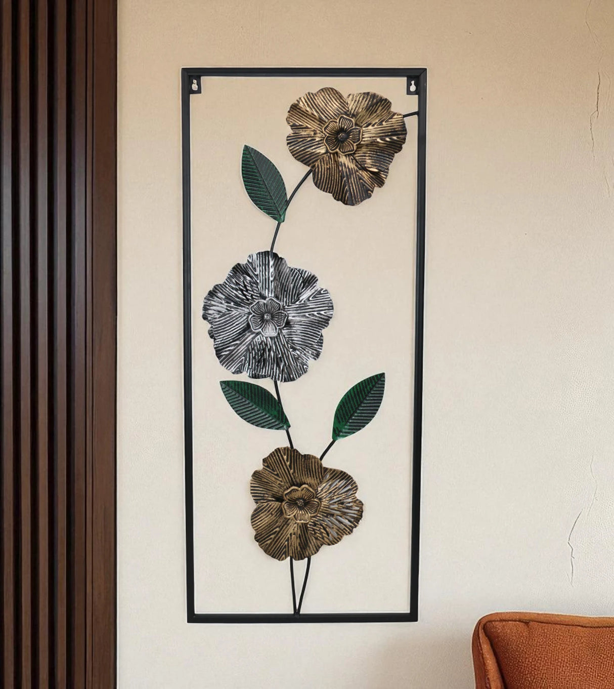 metal wall hanging rectangle 3 leaf & flower china 27.5x11.6