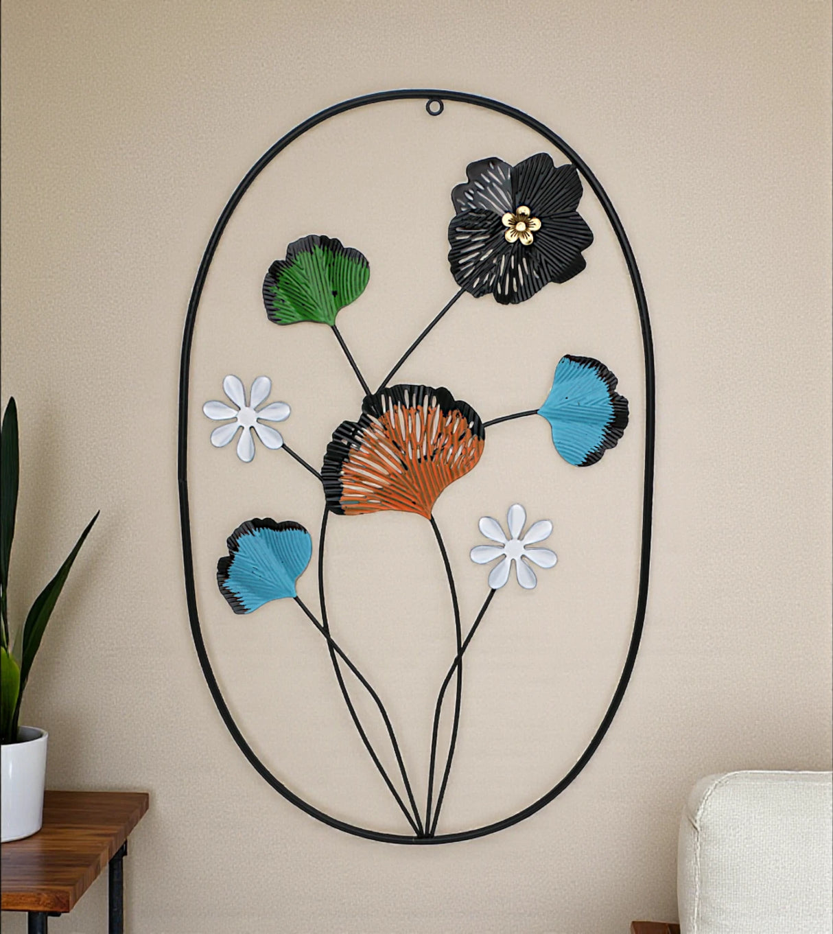 metal wall hanging oval 4 leaf & flower china 27.3x17