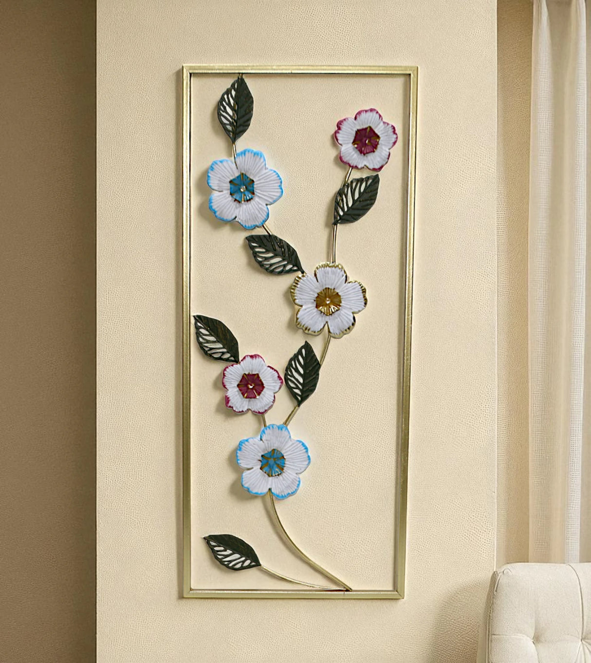 metal wall hanging rectangle 5 flower & leaf china 27.5x11.6