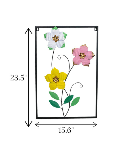 metal wall hanging rectangle 3 flower & leaves china 23.5x15.6