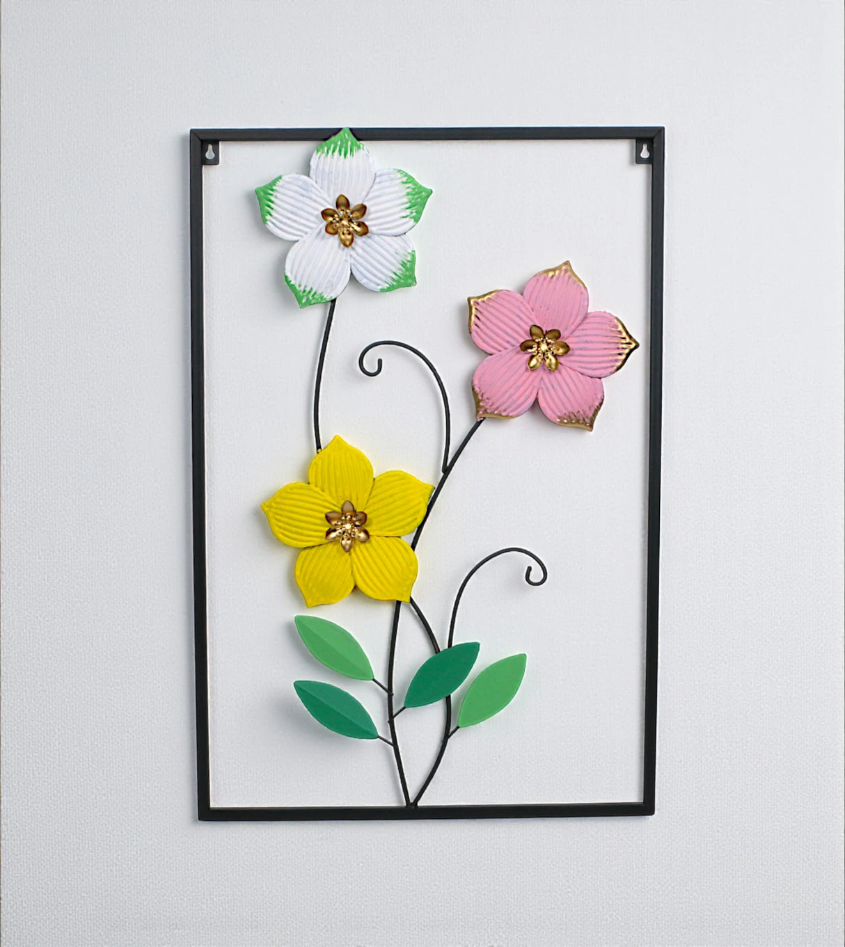 metal wall hanging rectangle 3 flower & leaves china 23.5x15.6