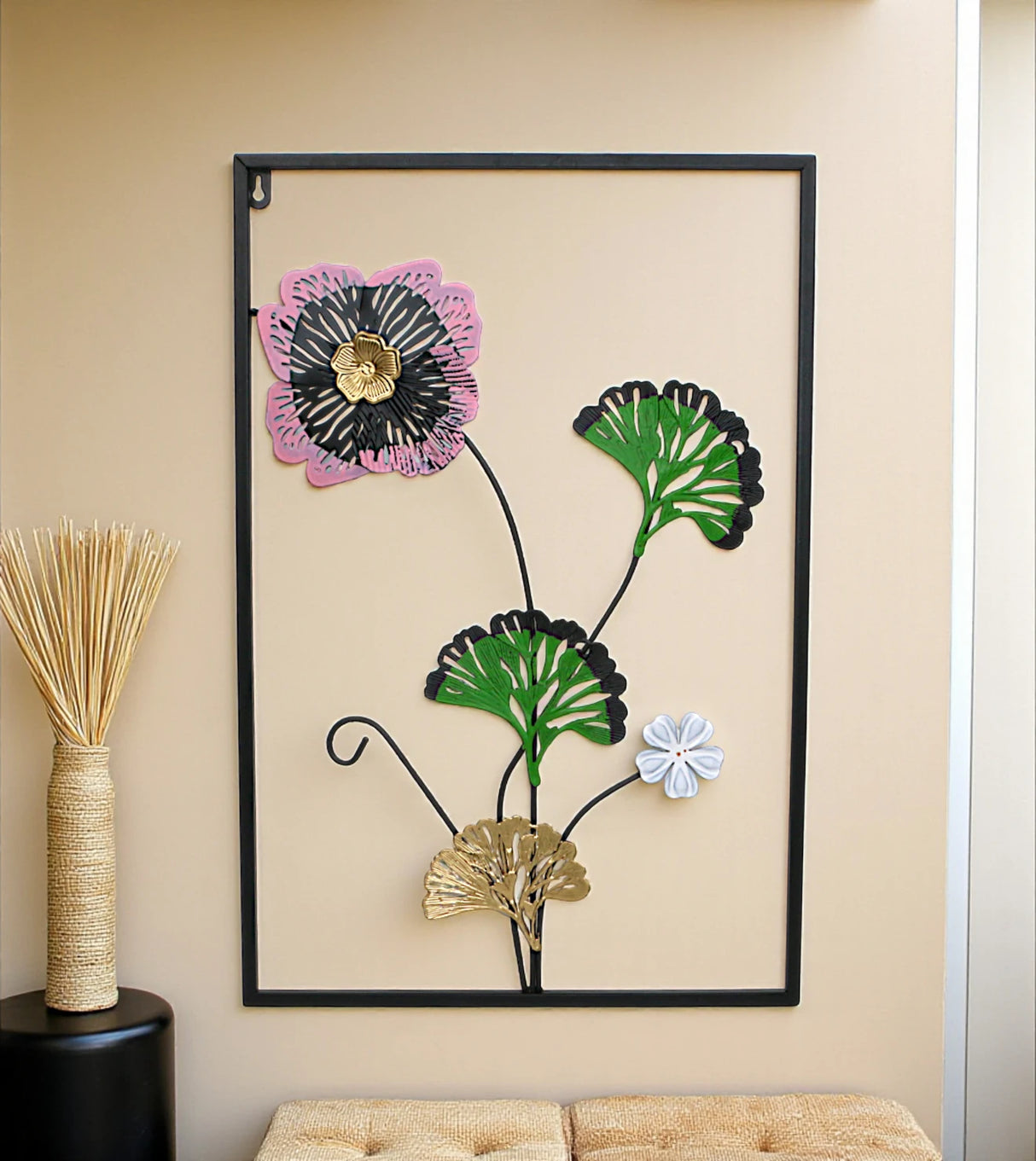 metal wall hanging rectangle 3 leaves & flower china 23.5x15.6