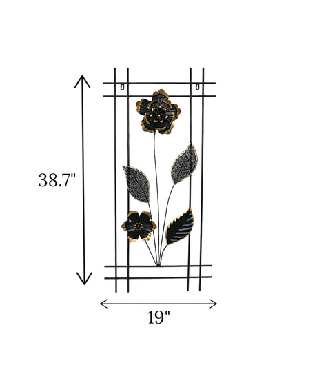 metal wall hanging black 2 flower & leaves large china 38.7x19
