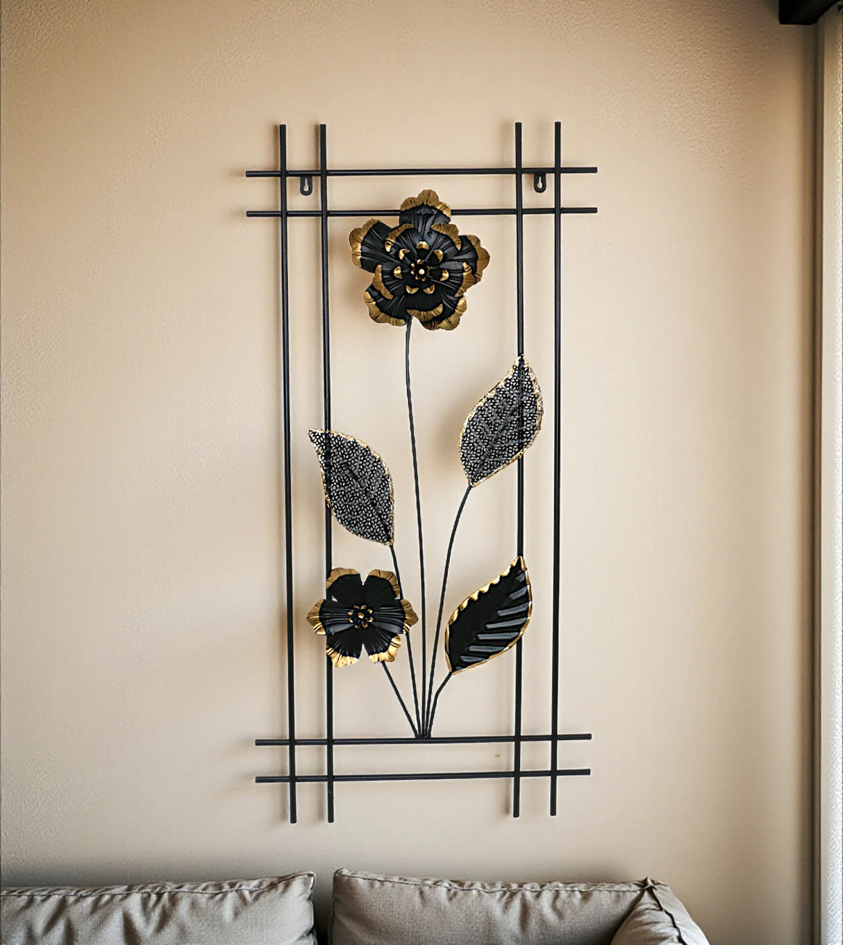 metal wall hanging black 2 flower & leaves large china 38.7x19
