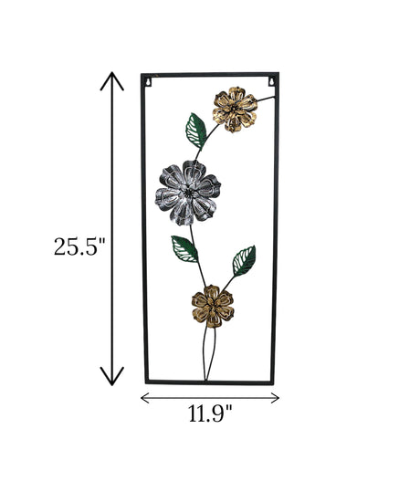 metal wall hanging rectangle 3 flower & leaves china 27.5x11.9