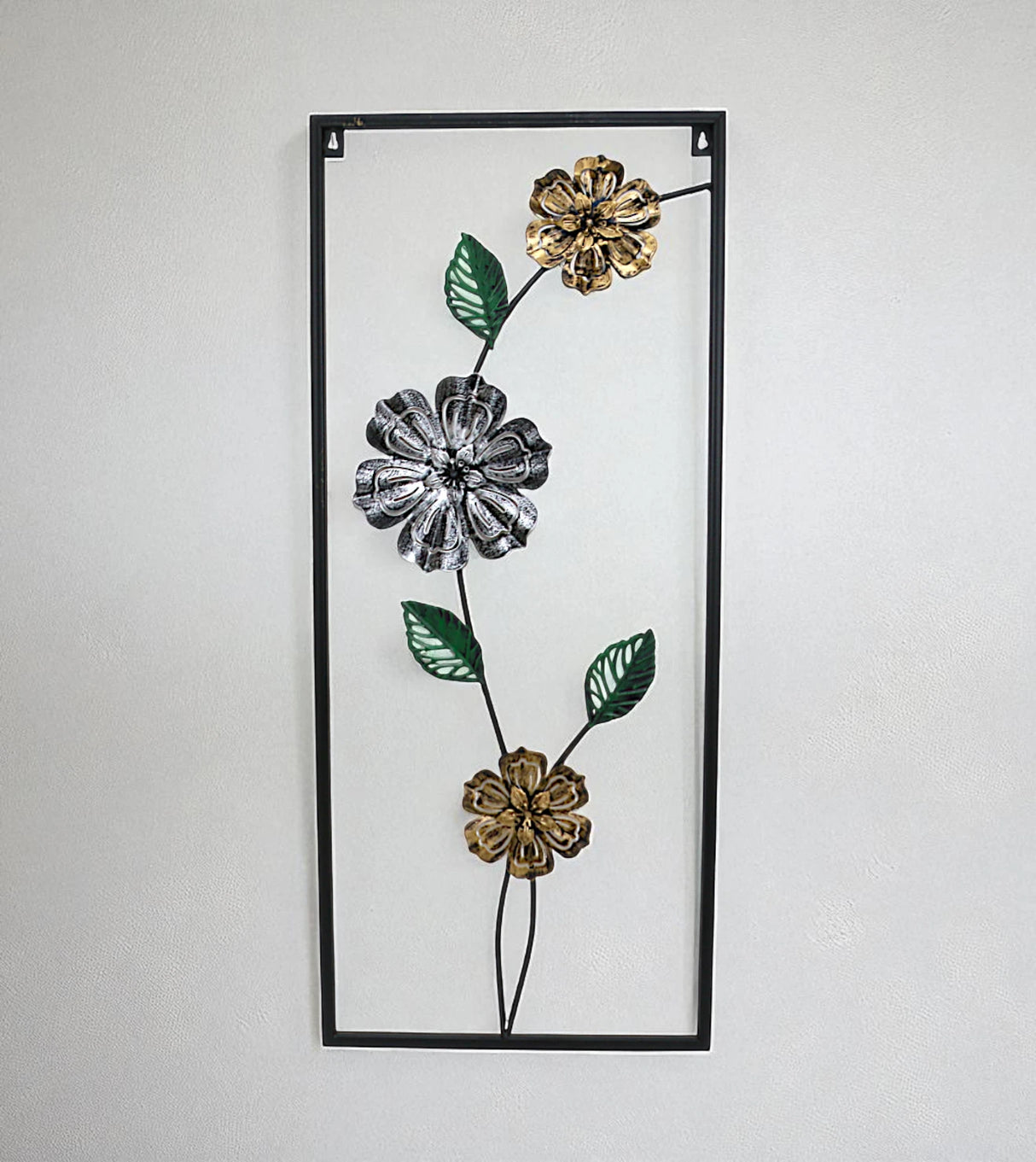 metal wall hanging rectangle 3 flower & leaves china 27.5x11.9