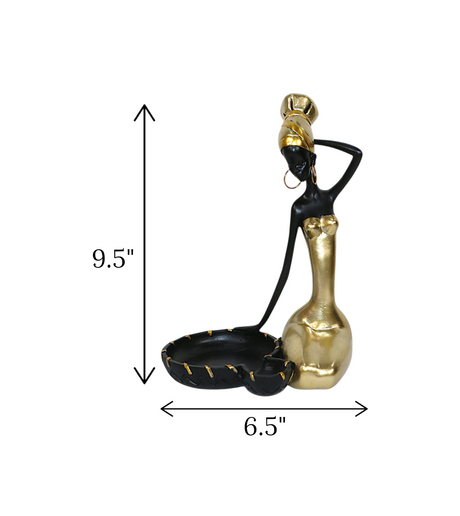 statue african girl & tray black & golden china "9.5x6.5"