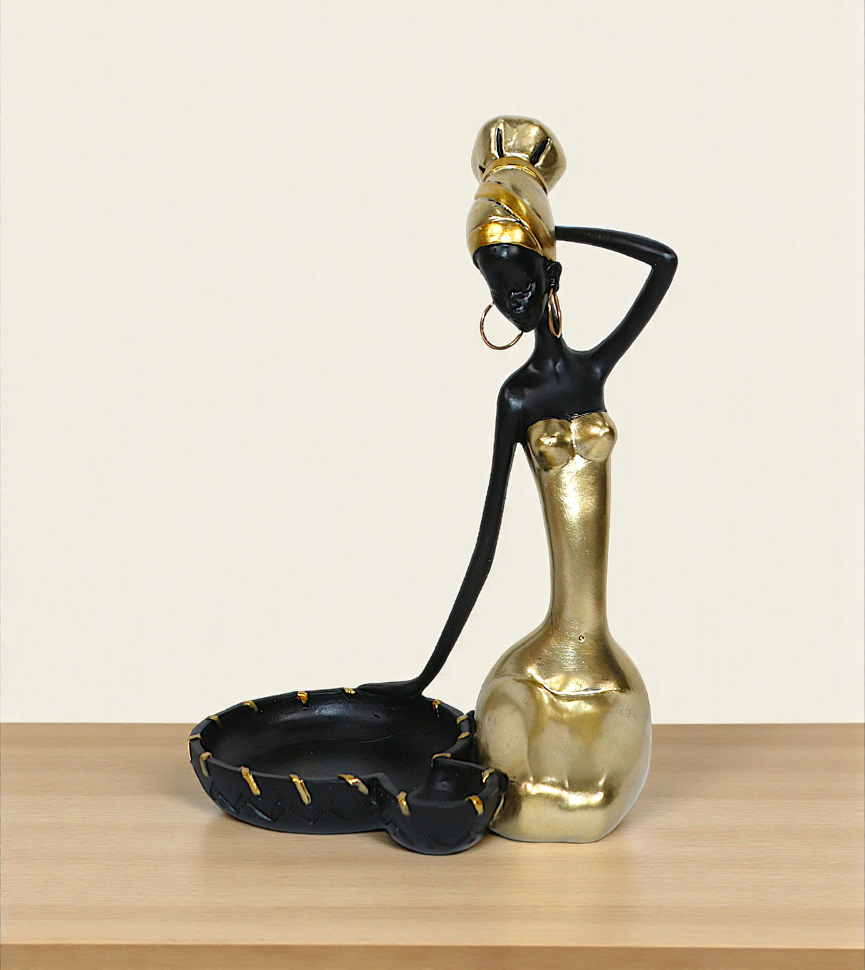 statue african girl & tray black & golden china "9.5x6.5"