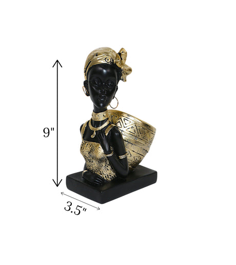 statue african lady carrying basket black & golden china "9x3.5"