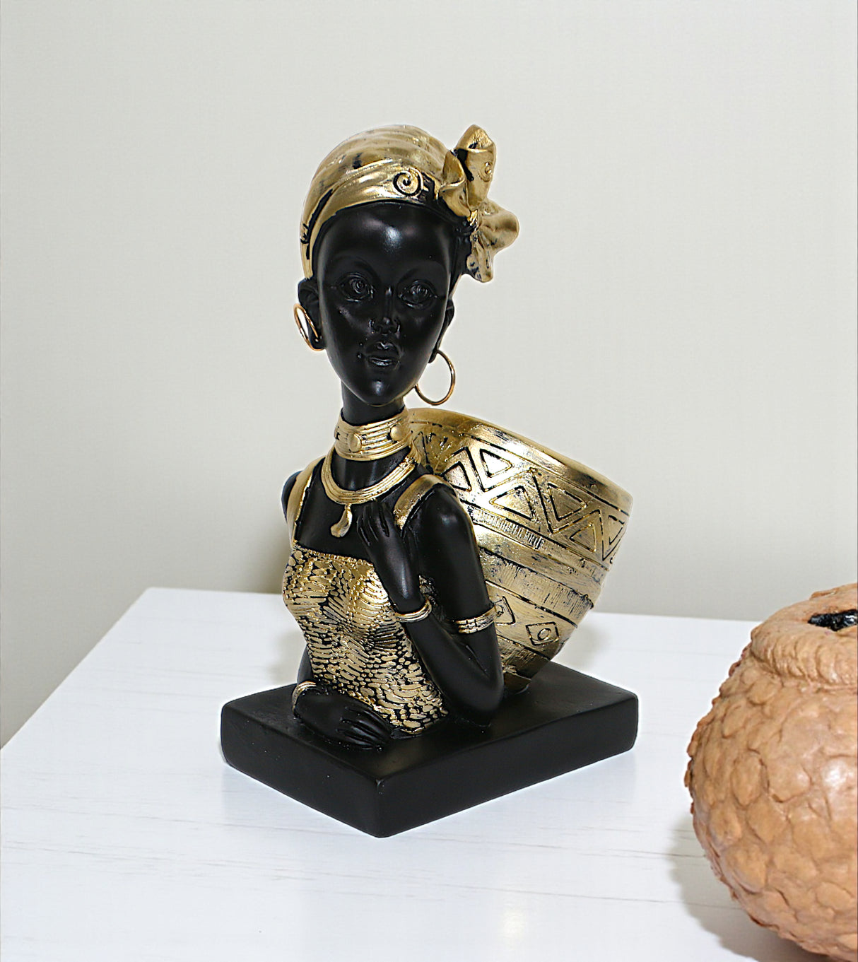 statue african lady carrying basket black & golden china "9x3.5"