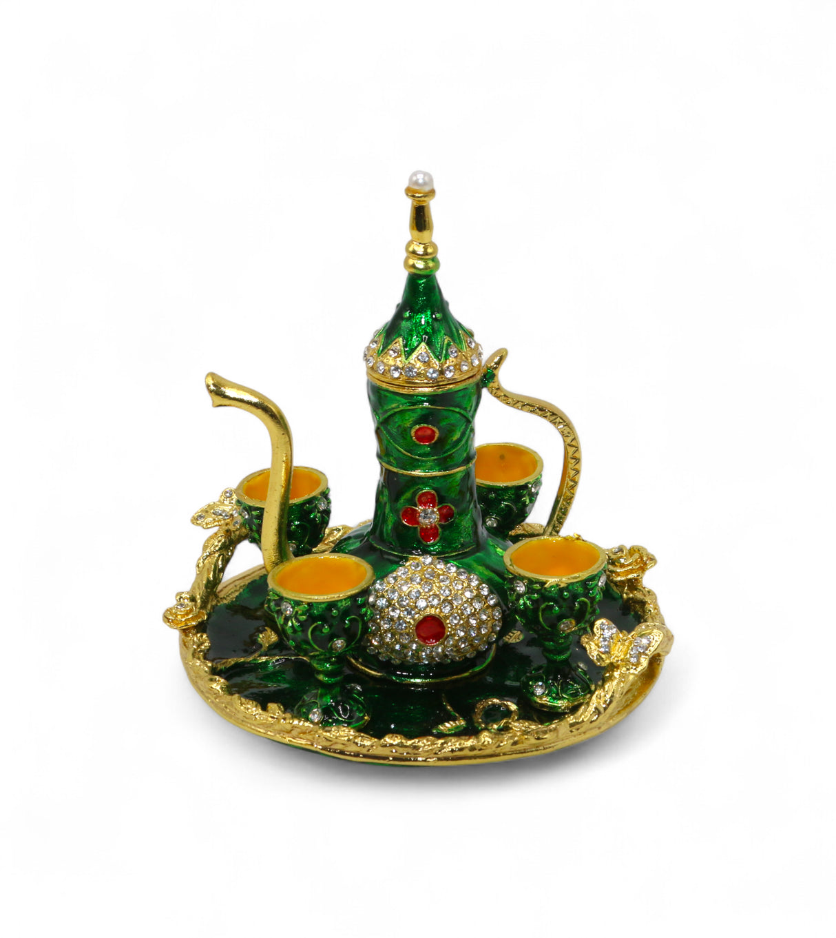 metal turkish mini tea set 4 glass green china "5.5x5.5"