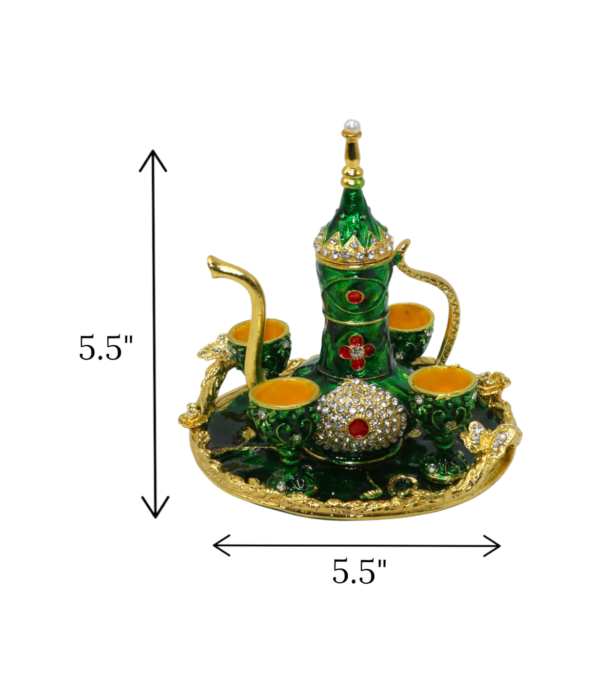 metal turkish mini tea set 4 glass green china "5.5x5.5"
