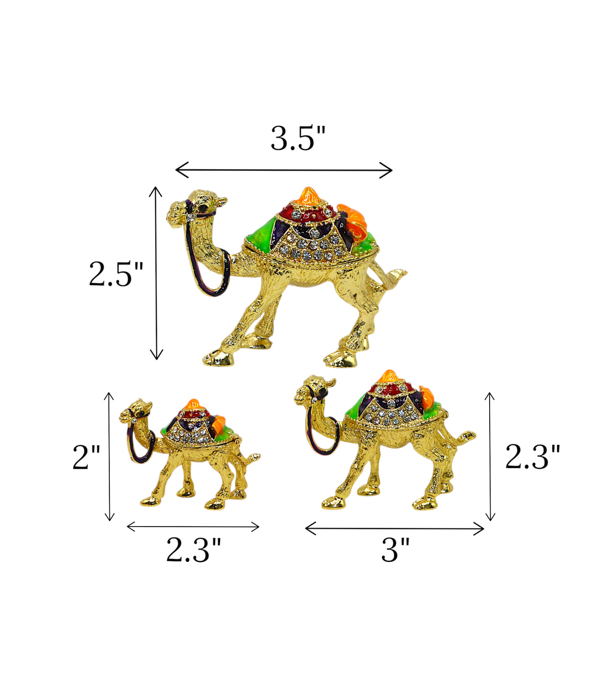 decorative metal camel 3pc golden china (l"2.5x3.5"m"2.3x3"s"2x2.3")