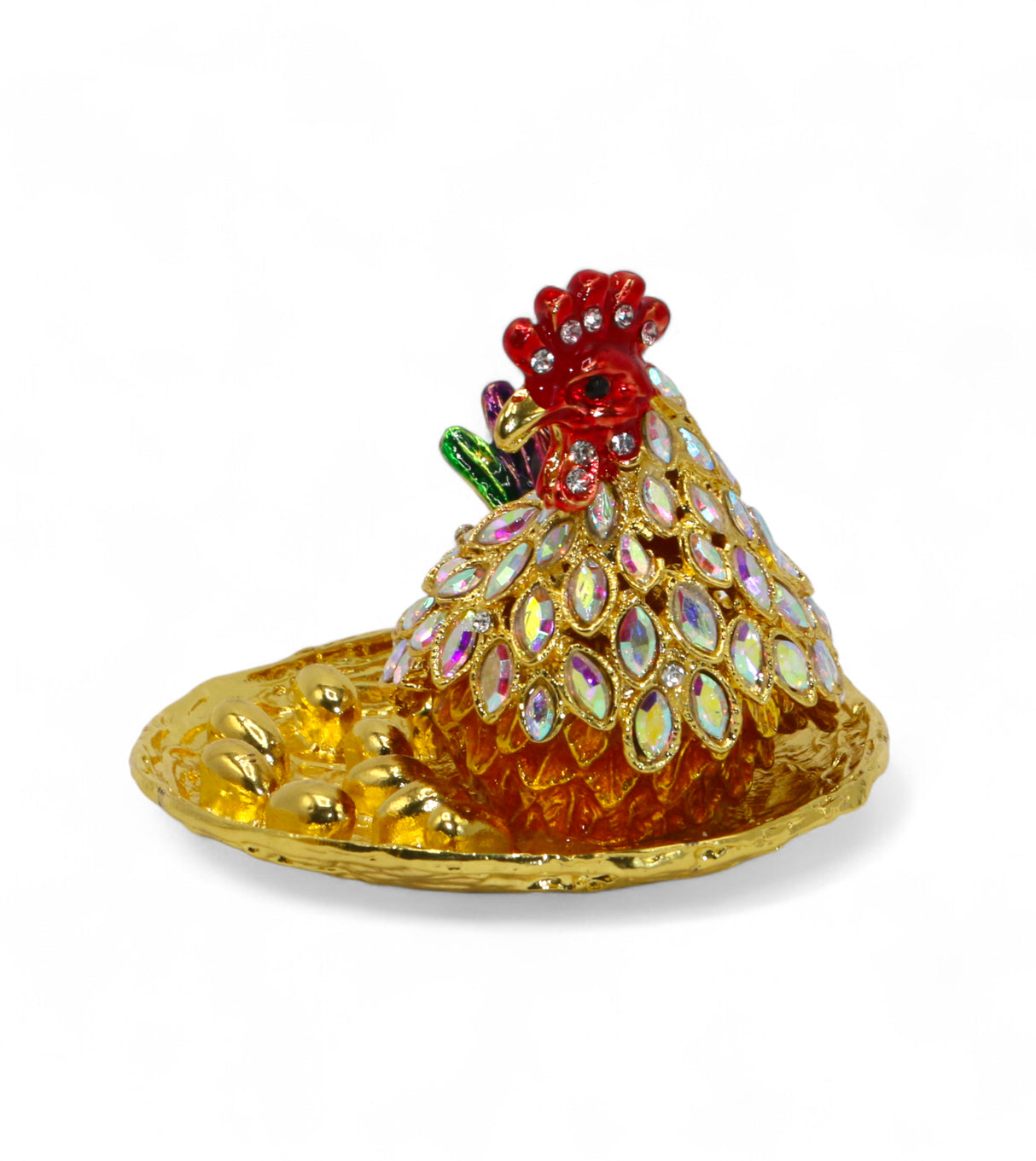 decorative metal hen & 10 eggs red & golden small china "3.5x3.5"