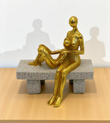 statue couple sitting on bench golden china 7.2x6.7