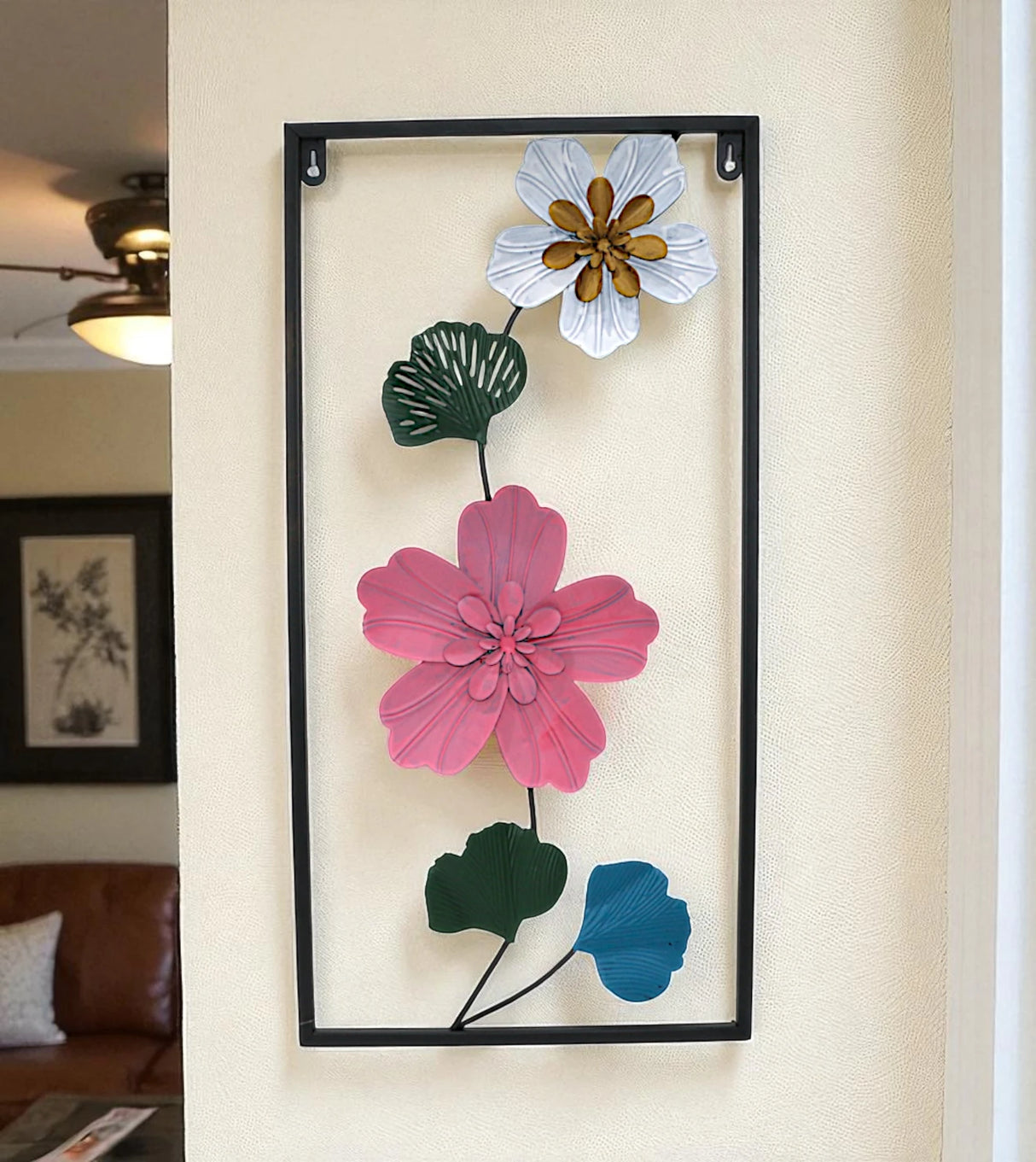 metal wall hanging floral rectangle black china 23.6x11.9