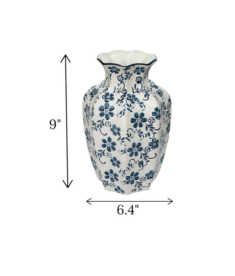 ceramic vase white & blue china 9x6.4