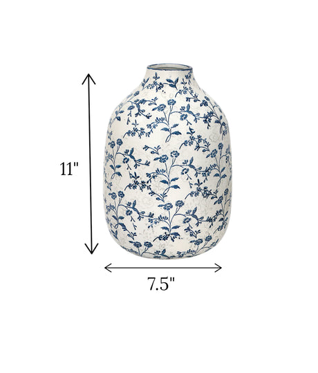 ceramic vase oval white & blue china 11x7.5
