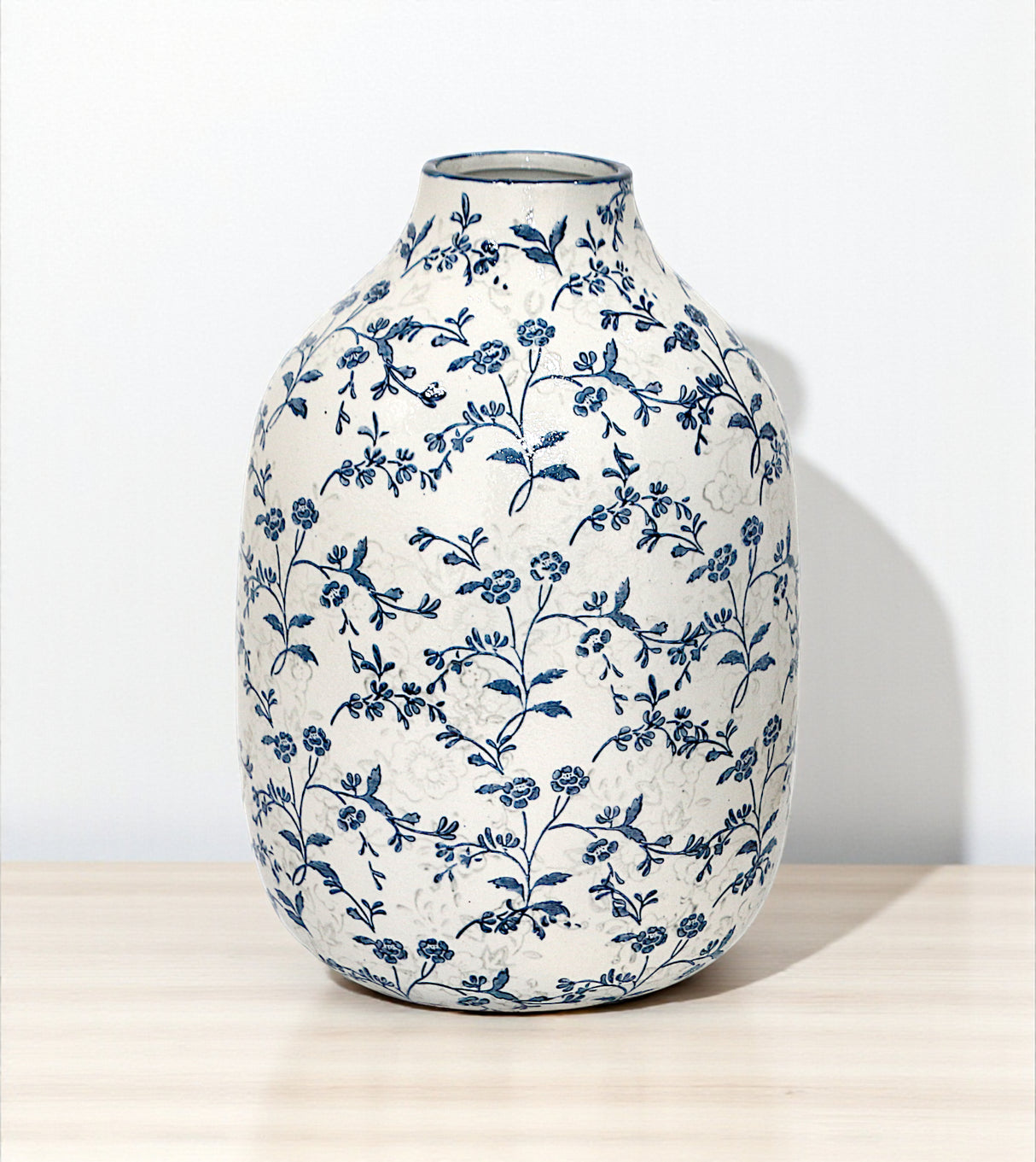 ceramic vase oval white & blue china 11x7.5