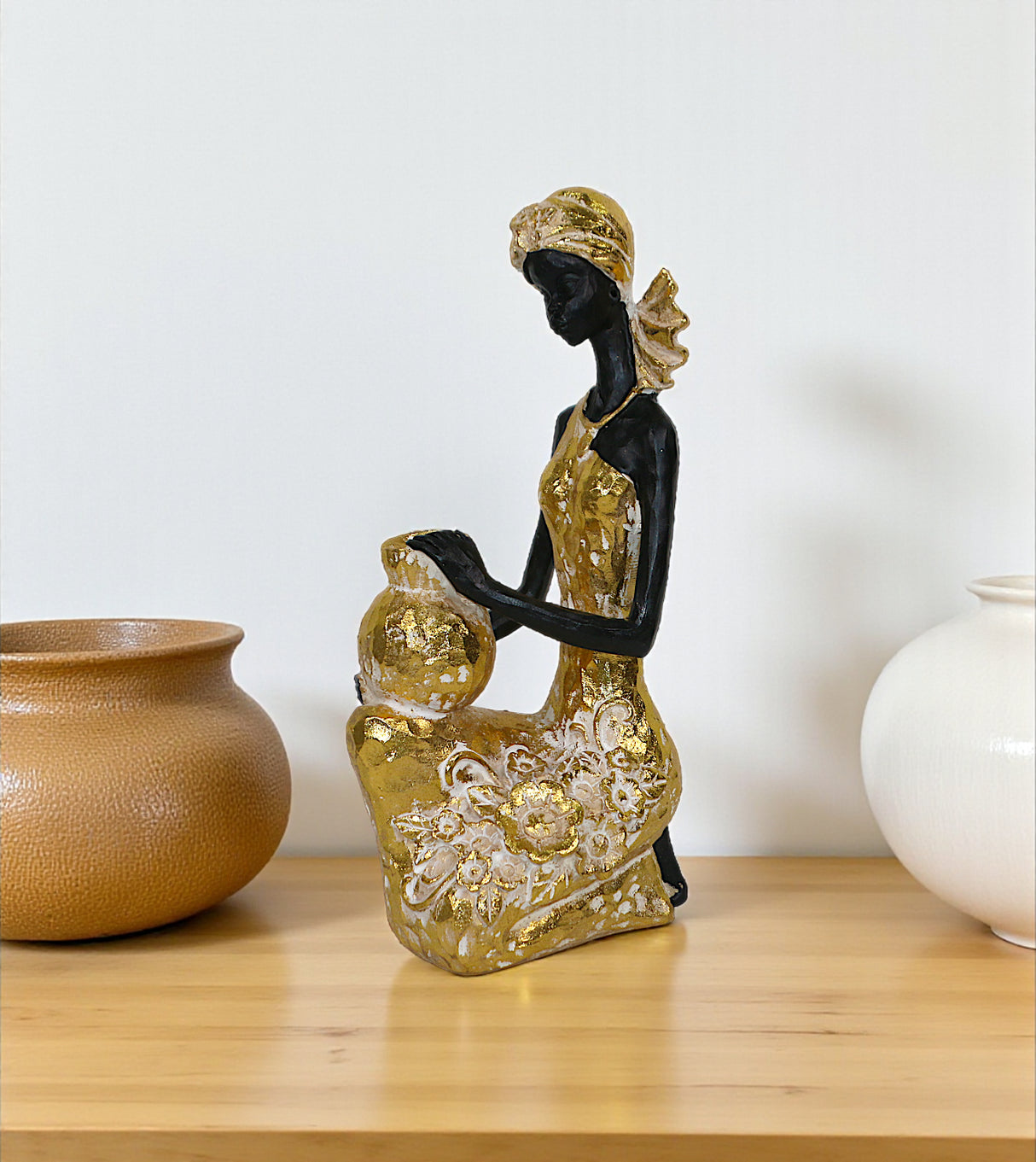 statue african lady carry mudpot golden china 11x5.2