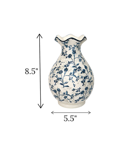 ceramic pottery vase white & blue medium china 8.5x5.5