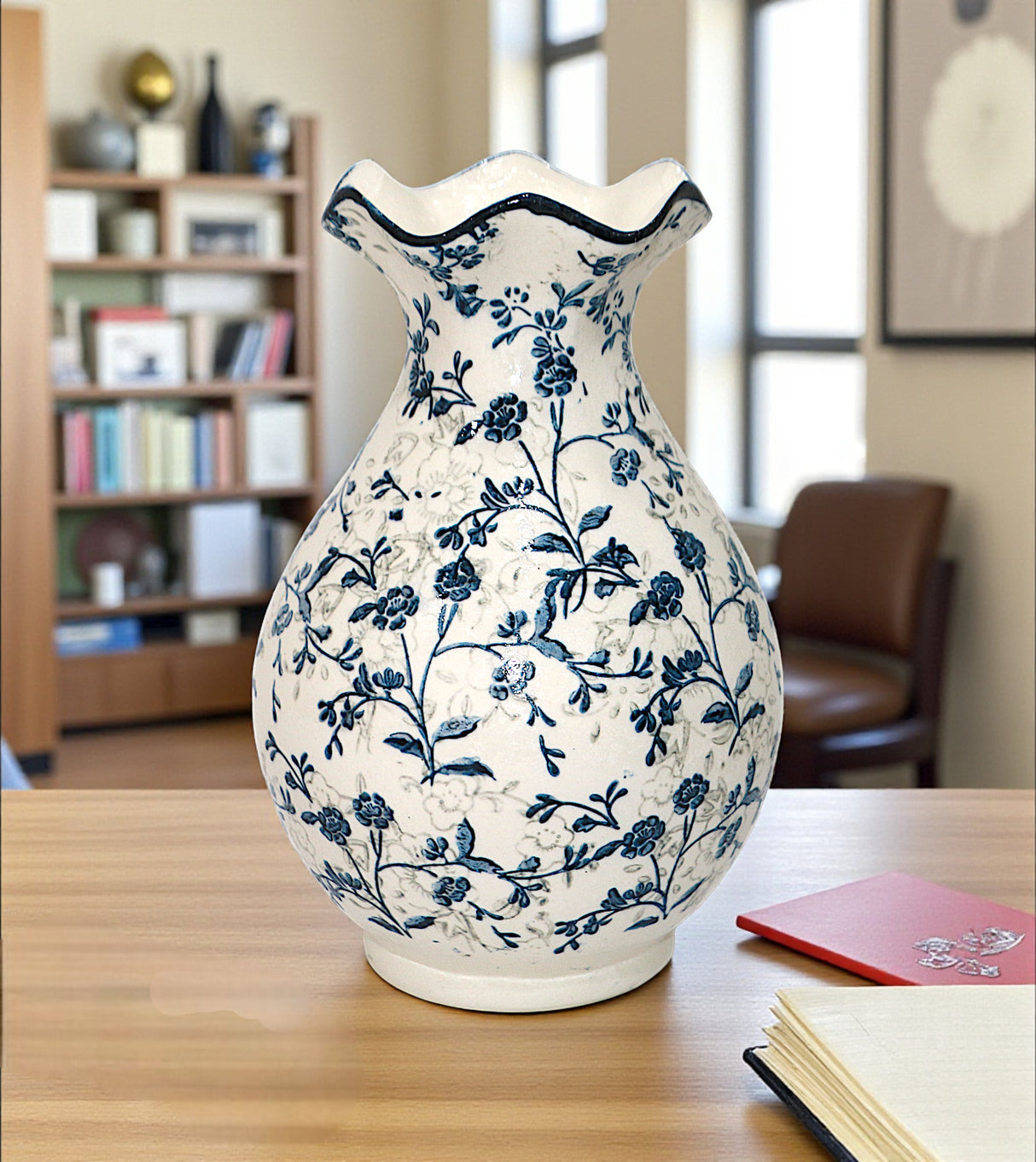 ceramic pottery vase white & blue medium china 8.5x5.5
