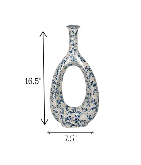 ceramic vase oval white & blue china 16.5x7.5