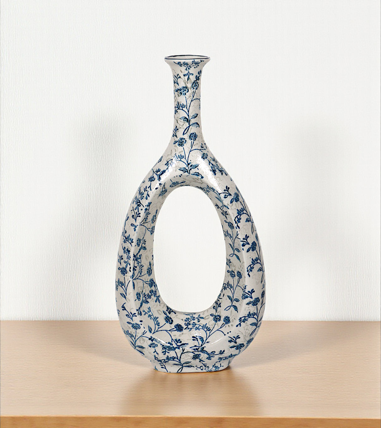 ceramic vase oval white & blue china 16.5x7.5
